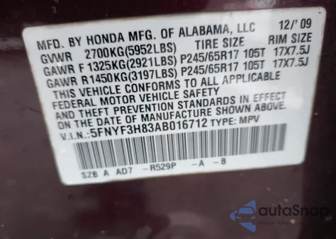 2010 Honda Pilot Touring z USA, uszkodzony, nr VIN 5FNYF3H83AB016712